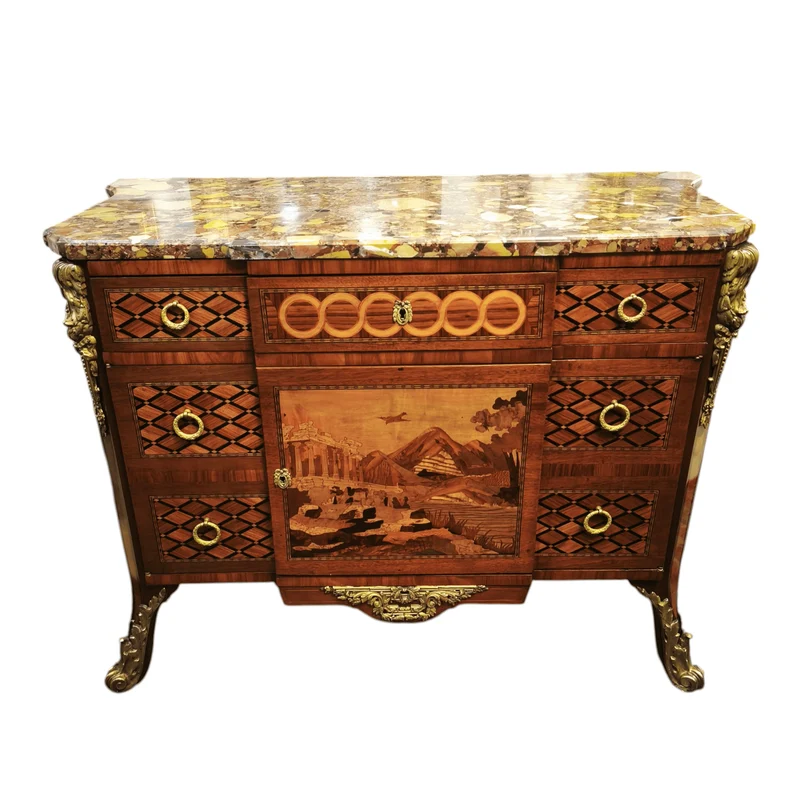 French Transition style chest of drawers with marquetry and bronze, 19th century