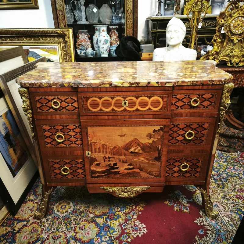 French Transition style chest of drawers with marquetry and bronze, 19th century