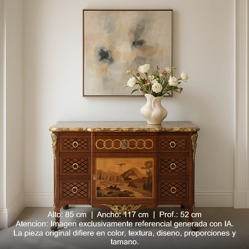 French Transition style chest of drawers with marquetry and bronze, 19th century