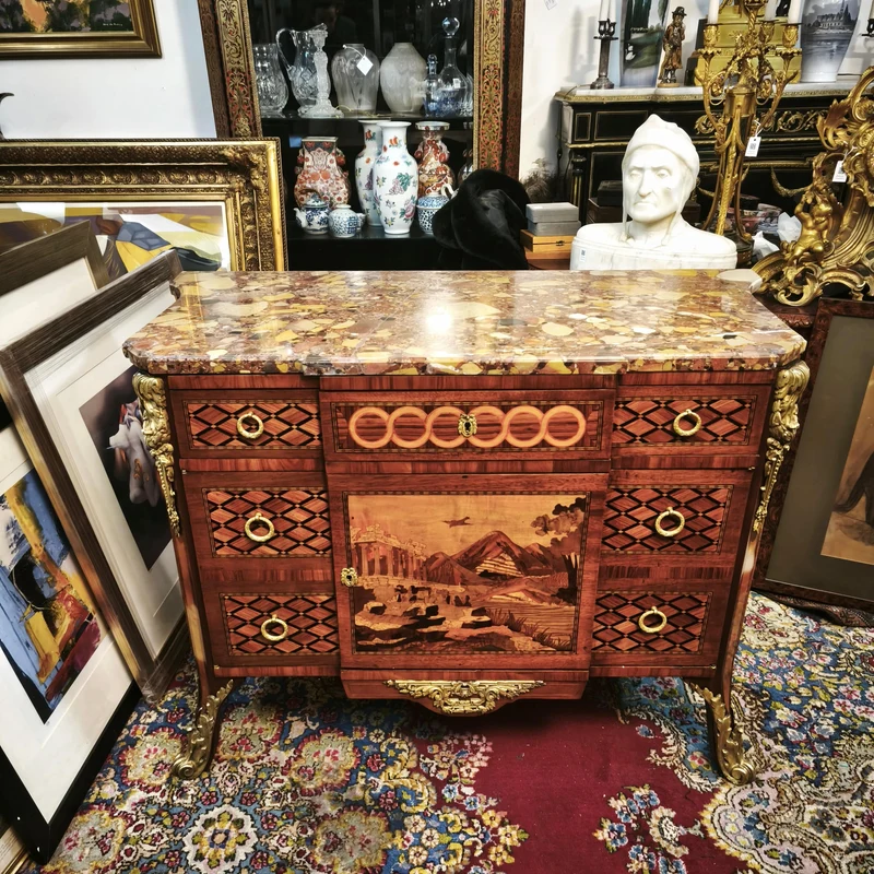 French Transition style chest of drawers with marquetry and bronze, 19th century