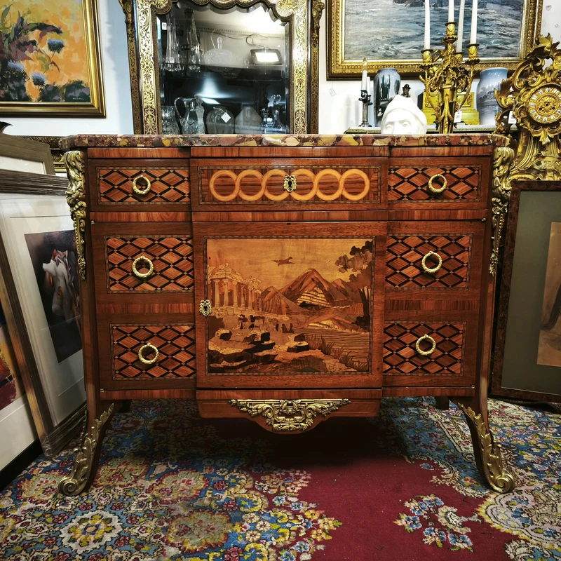 French Transition style chest of drawers with marquetry and bronze, 19th century
