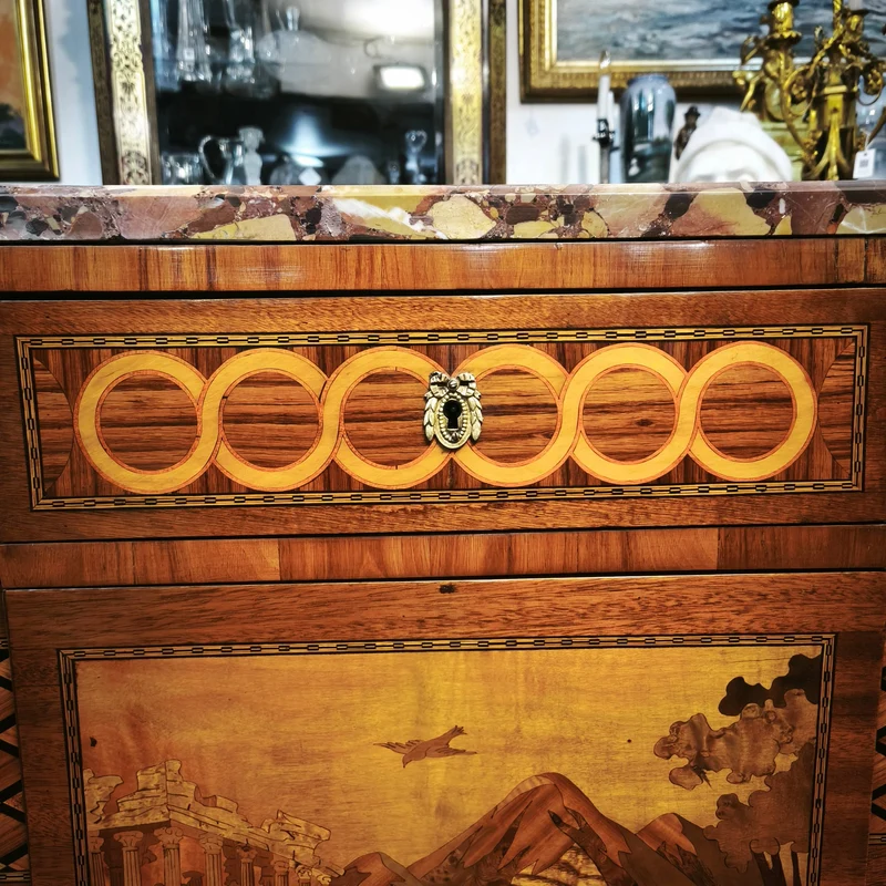 French Transition style chest of drawers with marquetry and bronze, 19th century