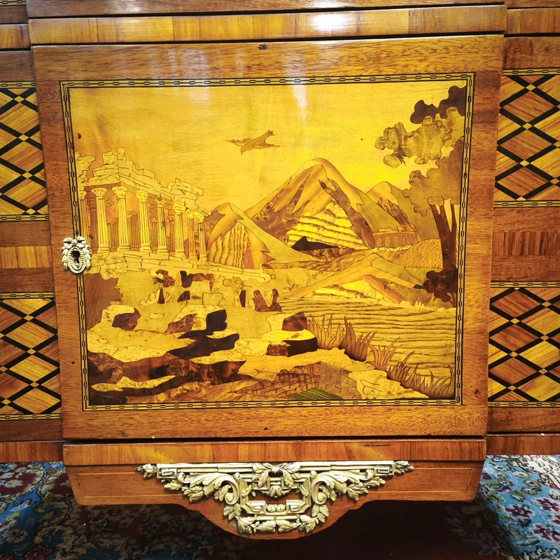 French Transition style chest of drawers with marquetry and bronze, 19th century