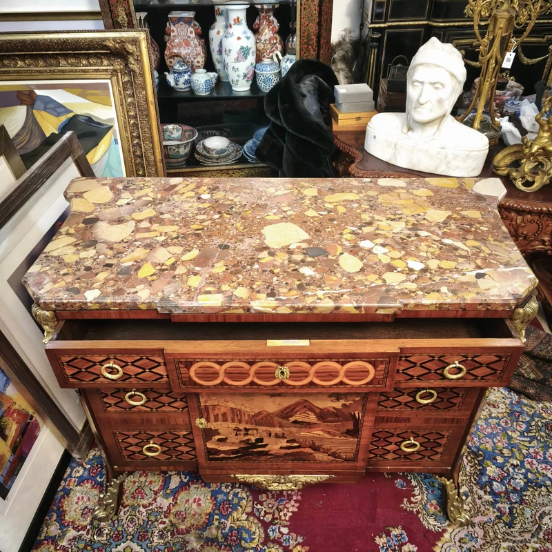 French Transition style chest of drawers with marquetry and bronze, 19th century