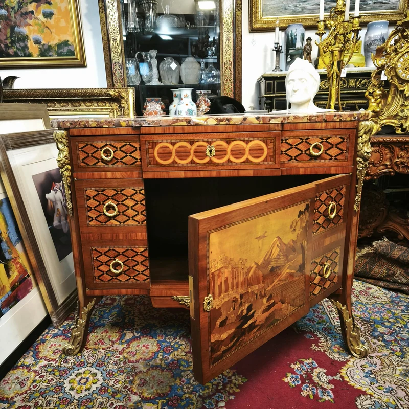 French Transition style chest of drawers with marquetry and bronze, 19th century