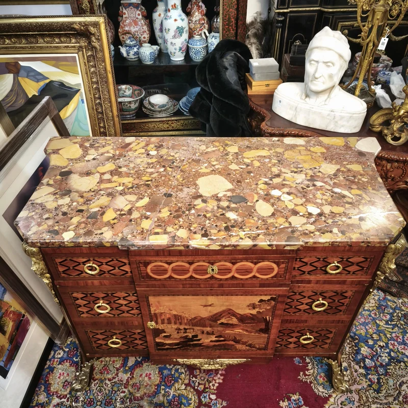 French Transition style chest of drawers with marquetry and bronze, 19th century