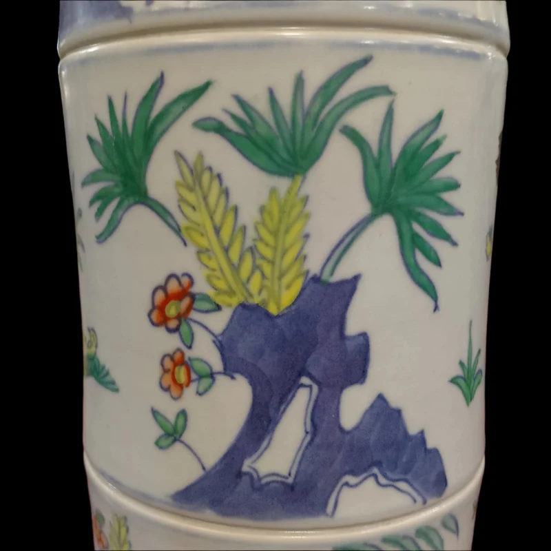 Chinese porcelain brush holder in the shape of a bamboo "Roosters and Vegetation"