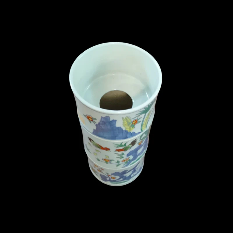 Chinese porcelain brush holder in the shape of a bamboo "Roosters and Vegetation"