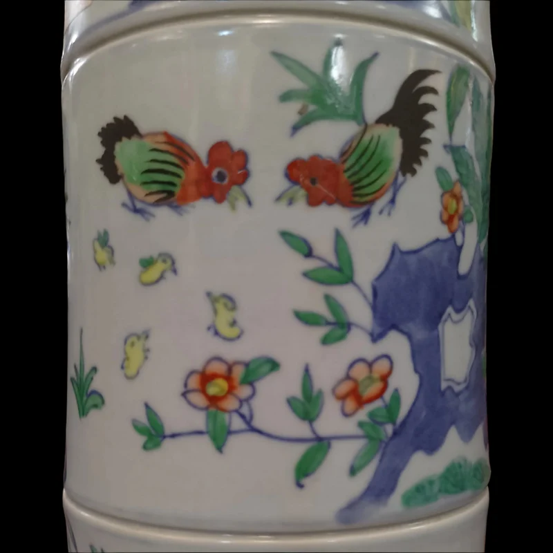 Chinese porcelain brush holder in the shape of a bamboo "Roosters and Vegetation"