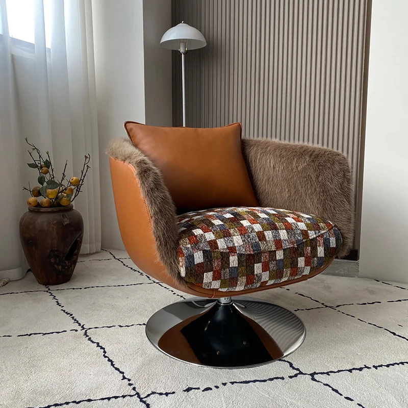 Scandinavian Faux Fur 360 Swivel Accent Chair - Faux Eco-Leather & Chenille Fabric Lounge Chair For Living Room & Bedroom