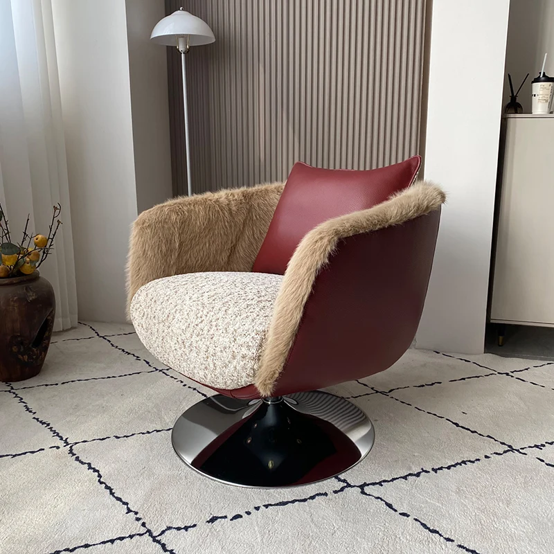 Scandinavian Faux Fur 360 Swivel Accent Chair - Faux Eco-Leather & Chenille Fabric Lounge Chair For Living Room & Bedroom