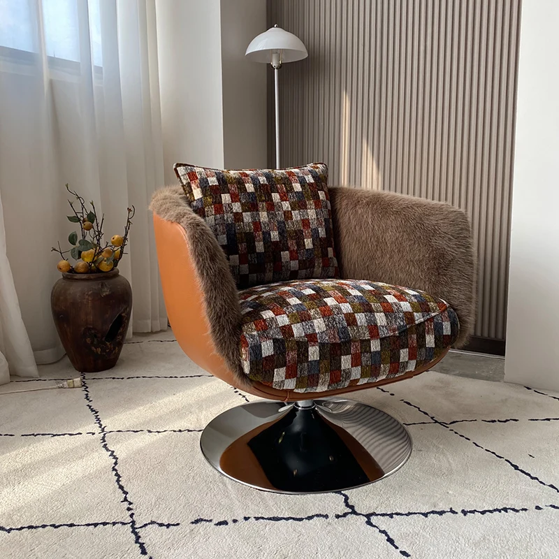 Scandinavian Faux Fur 360 Swivel Accent Chair - Faux Eco-Leather & Chenille Fabric Lounge Chair For Living Room & Bedroom