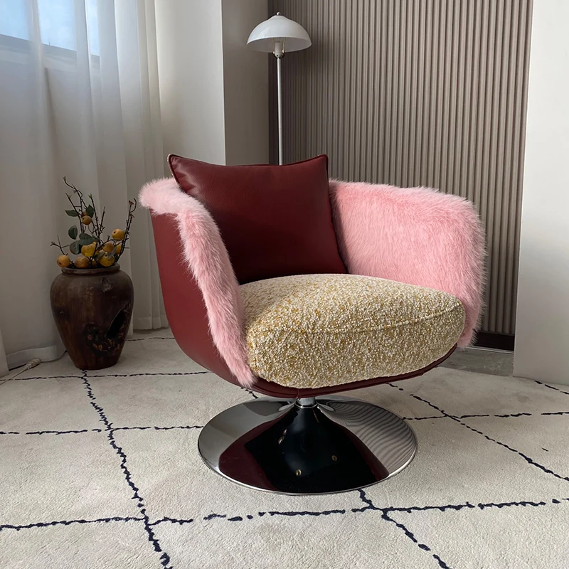 Scandinavian Faux Fur 360 Swivel Accent Chair - Faux Eco-Leather & Chenille Fabric Lounge Chair For Living Room & Bedroom