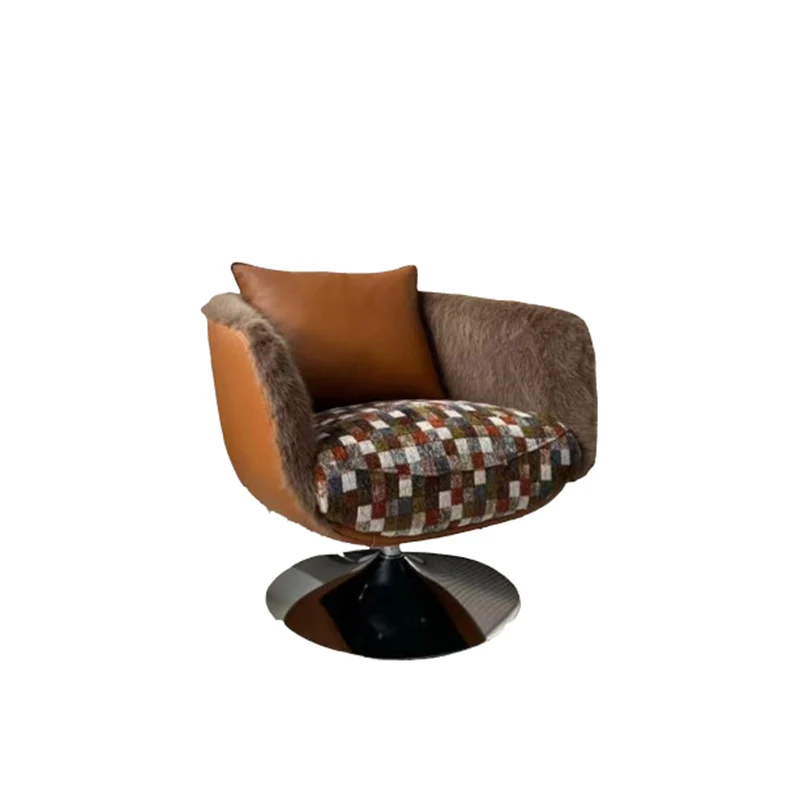 Scandinavian Faux Fur 360 Swivel Accent Chair - Faux Eco-Leather & Chenille Fabric Lounge Chair For Living Room & Bedroom