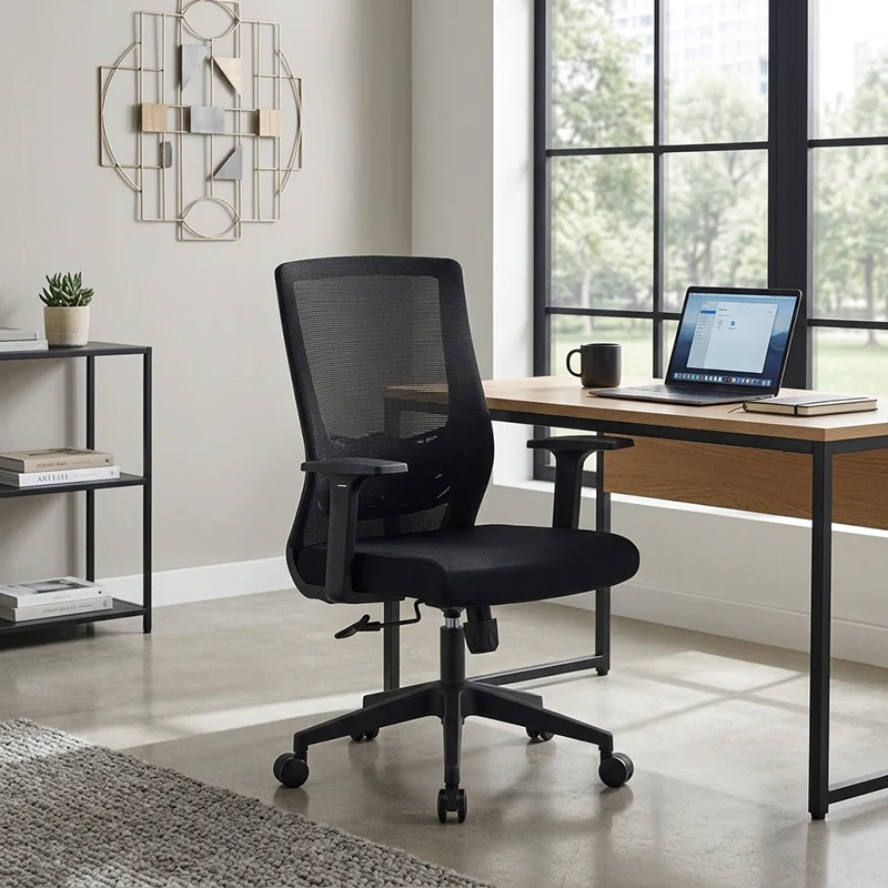Modern Minimalist Black Ergonomic Desk Chair: Breathable Mesh Design - Mid-Back Office Chair For Home Office