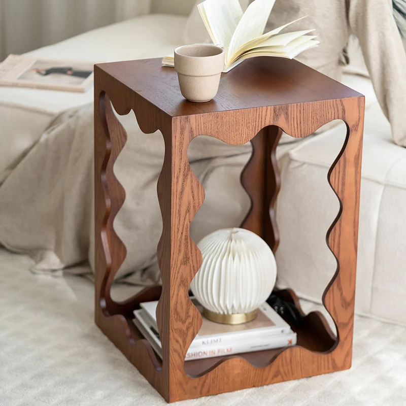 Traditional French Wavy Rectangular Plywood Portable End Table 2-Tier For Living Room & Bedroom