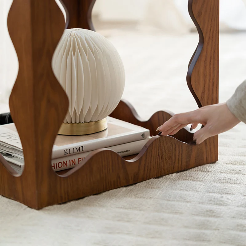 Traditional French Wavy Rectangular Plywood Portable End Table 2-Tier For Living Room & Bedroom