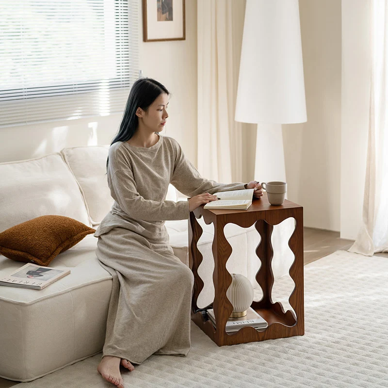 Traditional French Wavy Rectangular Plywood Portable End Table 2-Tier For Living Room & Bedroom