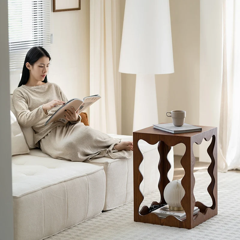 Traditional French Wavy Rectangular Plywood Portable End Table 2-Tier For Living Room & Bedroom