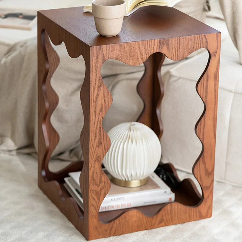 Traditional French Wavy Rectangular Plywood Portable End Table 2-Tier For Living Room & Bedroom