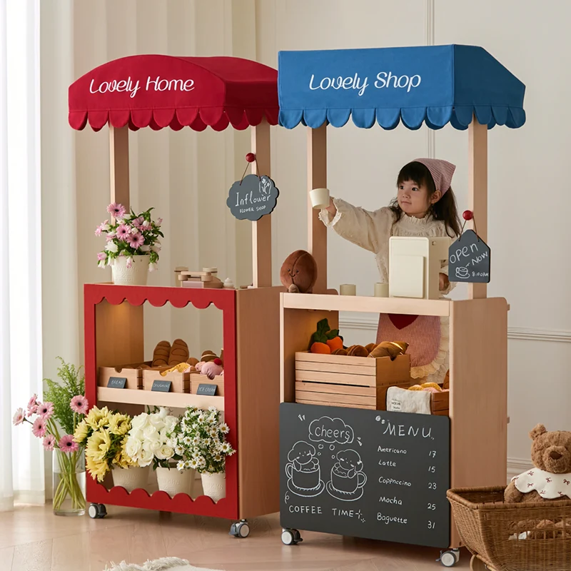 Contemporary Retro Solid Beech Wood & Plywood Canvas Ceramics Montessori Toy Storage Shelf - Convertible Double-Sided Kids Bookshelf & Play Market Organizer With Wheels