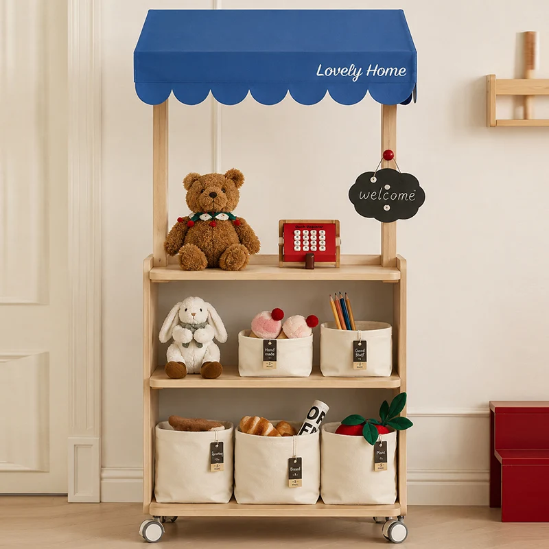 Contemporary Retro Solid Beech Wood & Plywood Canvas Ceramics Montessori Toy Storage Shelf - Convertible Double-Sided Kids Bookshelf & Play Market Organizer With Wheels