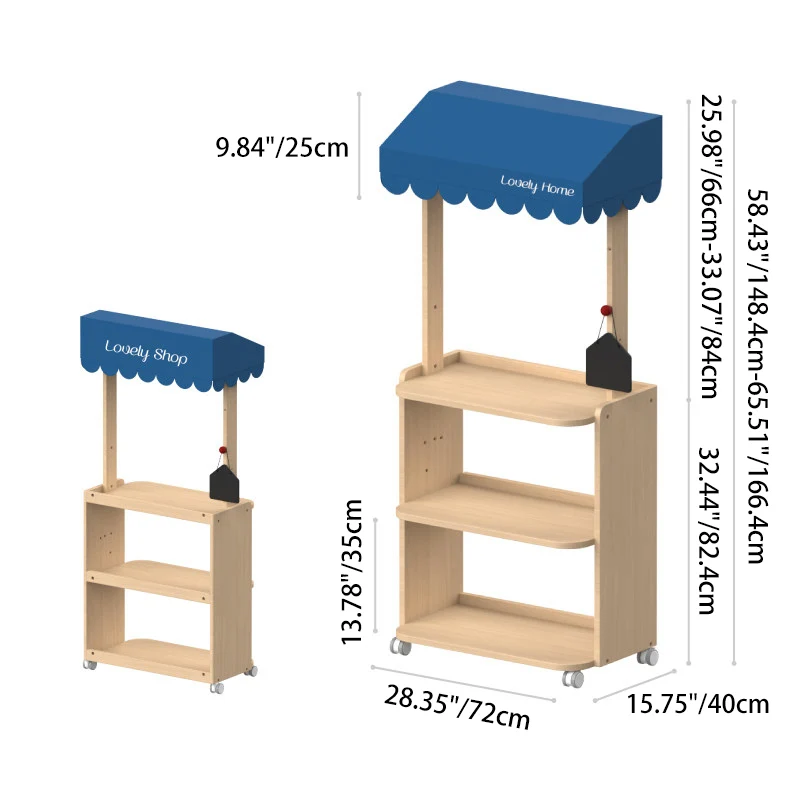 Contemporary Retro Solid Beech Wood & Plywood Canvas Ceramics Montessori Toy Storage Shelf - Convertible Double-Sided Kids Bookshelf & Play Market Organizer With Wheels