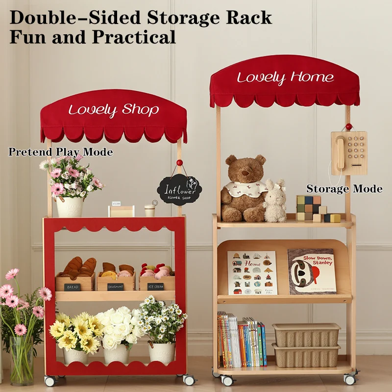 Contemporary Retro Solid Beech Wood & Plywood Canvas Ceramics Montessori Toy Storage Shelf - Convertible Double-Sided Kids Bookshelf & Play Market Organizer With Wheels