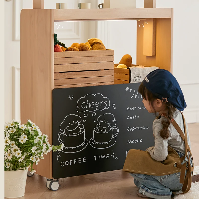 Contemporary Retro Solid Beech Wood & Plywood Canvas Ceramics Montessori Toy Storage Shelf - Convertible Double-Sided Kids Bookshelf & Play Market Organizer With Wheels