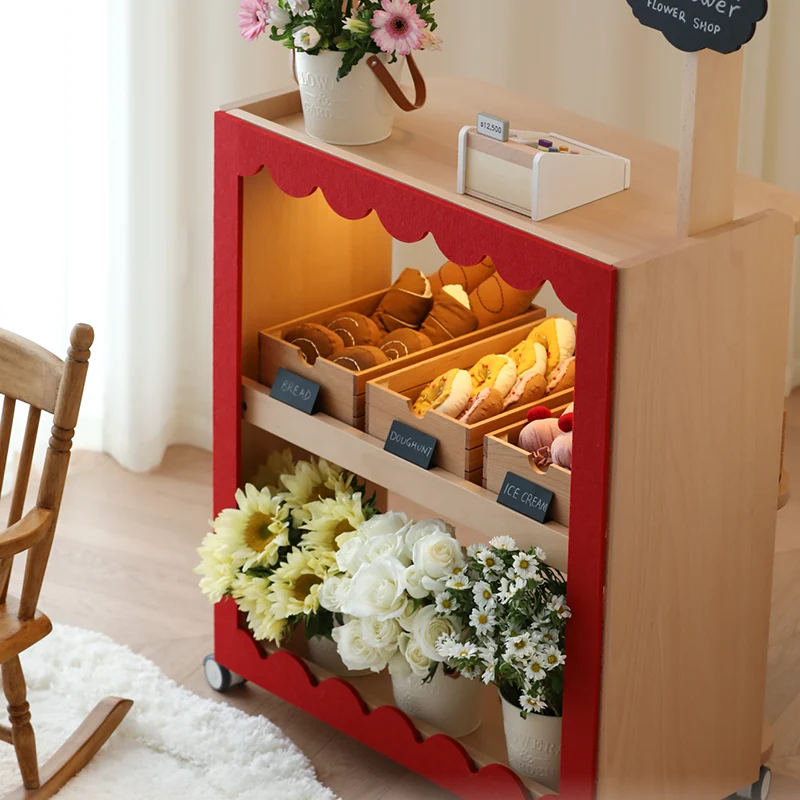 Contemporary Retro Solid Beech Wood & Plywood Canvas Ceramics Montessori Toy Storage Shelf - Convertible Double-Sided Kids Bookshelf & Play Market Organizer With Wheels