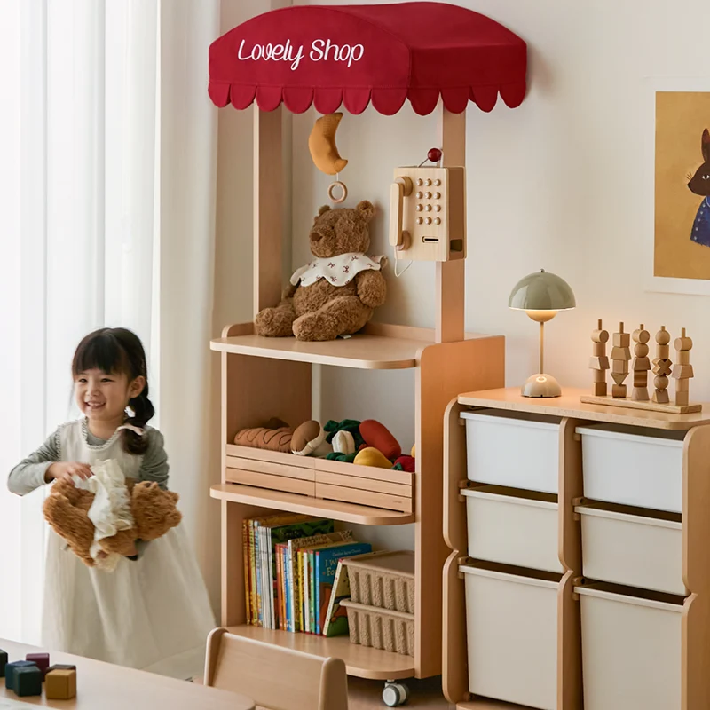 Contemporary Retro Solid Beech Wood & Plywood Canvas Ceramics Montessori Toy Storage Shelf - Convertible Double-Sided Kids Bookshelf & Play Market Organizer With Wheels