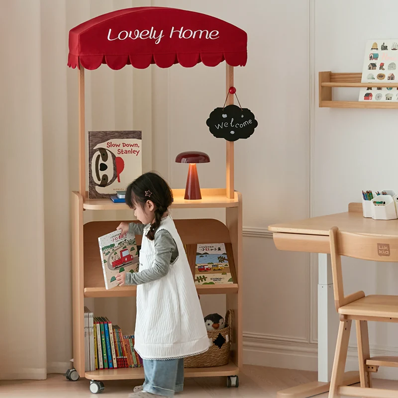 Contemporary Retro Solid Beech Wood & Plywood Canvas Ceramics Montessori Toy Storage Shelf - Convertible Double-Sided Kids Bookshelf & Play Market Organizer With Wheels
