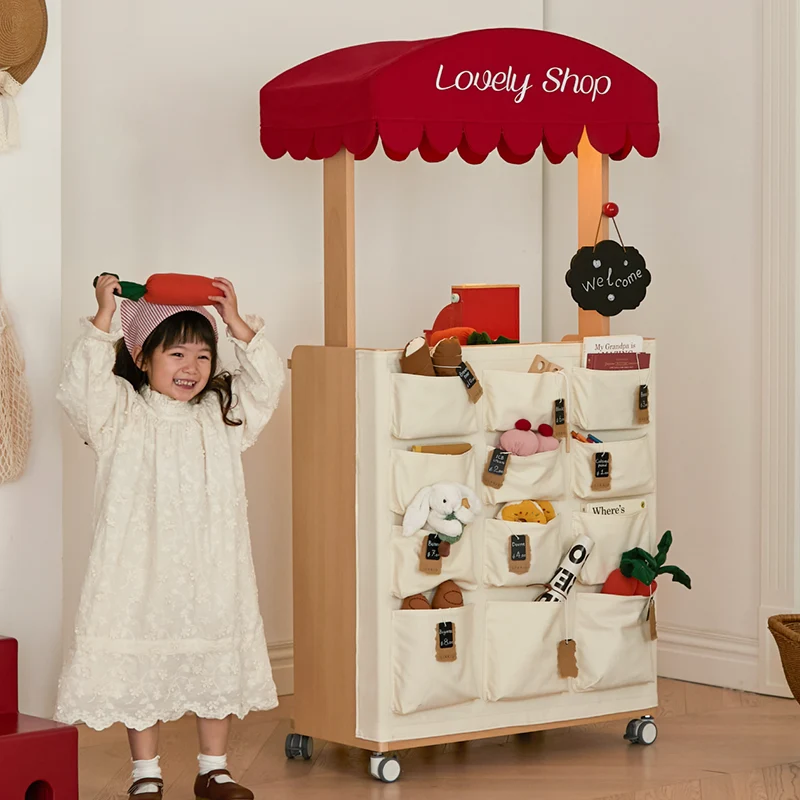 Contemporary Retro Solid Beech Wood & Plywood Canvas Ceramics Montessori Toy Storage Shelf - Convertible Double-Sided Kids Bookshelf & Play Market Organizer With Wheels