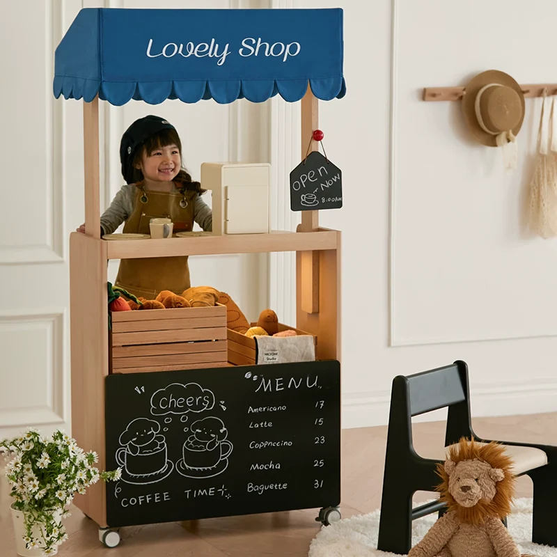 Contemporary Retro Solid Beech Wood & Plywood Canvas Ceramics Montessori Toy Storage Shelf - Convertible Double-Sided Kids Bookshelf & Play Market Organizer With Wheels