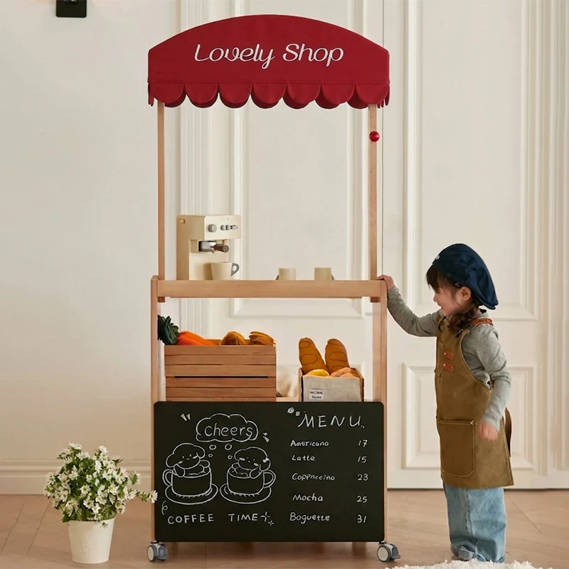 Contemporary Retro Solid Beech Wood & Plywood Canvas Ceramics Montessori Toy Storage Shelf - Convertible Double-Sided Kids Bookshelf & Play Market Organizer With Wheels