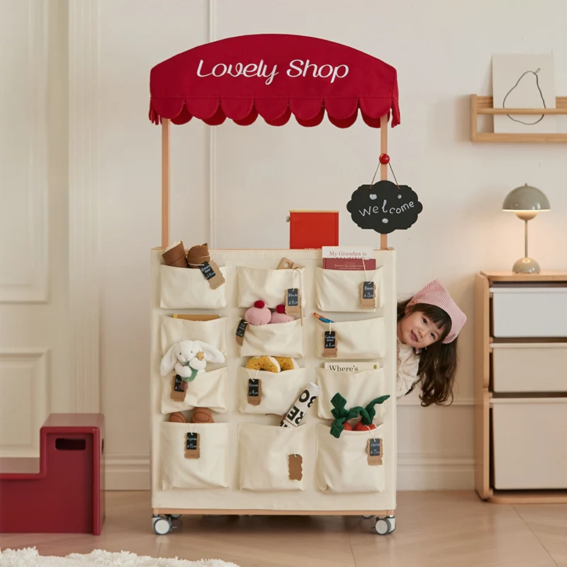 Contemporary Retro Solid Beech Wood & Plywood Canvas Ceramics Montessori Toy Storage Shelf - Convertible Double-Sided Kids Bookshelf & Play Market Organizer With Wheels
