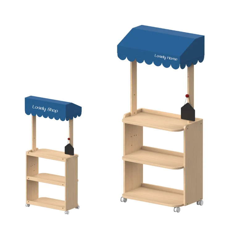 Contemporary Retro Solid Beech Wood & Plywood Canvas Ceramics Montessori Toy Storage Shelf - Convertible Double-Sided Kids Bookshelf & Play Market Organizer With Wheels
