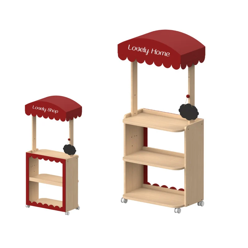 Contemporary Retro Solid Beech Wood & Plywood Canvas Ceramics Montessori Toy Storage Shelf - Convertible Double-Sided Kids Bookshelf & Play Market Organizer With Wheels