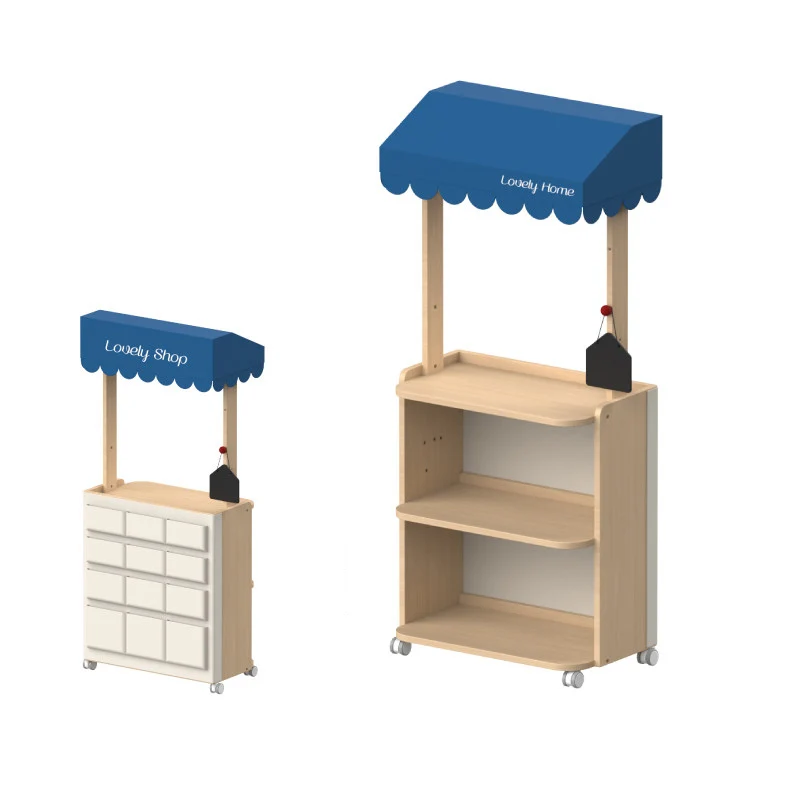 Contemporary Retro Solid Beech Wood & Plywood Canvas Ceramics Montessori Toy Storage Shelf - Convertible Double-Sided Kids Bookshelf & Play Market Organizer With Wheels