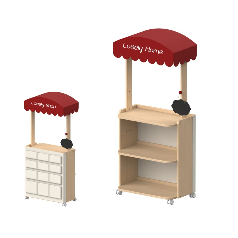 Contemporary Retro Solid Beech Wood & Plywood Canvas Ceramics Montessori Toy Storage Shelf - Convertible Double-Sided Kids Bookshelf & Play Market Organizer With Wheels