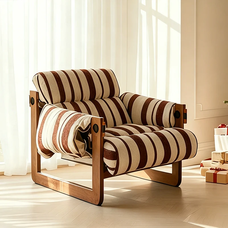 Vintage Ash Wood Striped Lounge Chair - Plush Linen Chenille Linen Accent Armchair For Living Room
