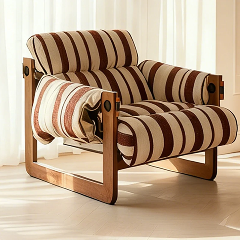 Vintage Ash Wood Striped Lounge Chair - Plush Linen Chenille Linen Accent Armchair For Living Room