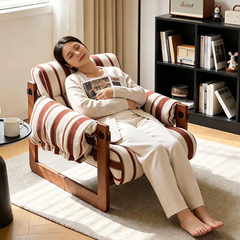 Vintage Ash Wood Striped Lounge Chair - Plush Linen Chenille Linen Accent Armchair For Living Room