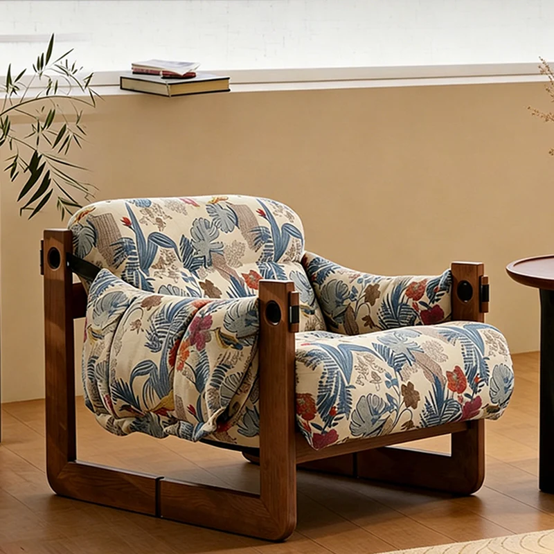 Vintage Ash Wood Jacquard Lounge Chair - Plush Down & Fiber-Filled Accent Armchair For Living Room