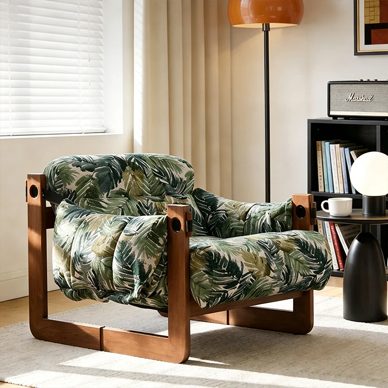 Vintage Ash Wood Jacquard Lounge Chair - Plush Down & Fiber-Filled Accent Armchair For Living Room