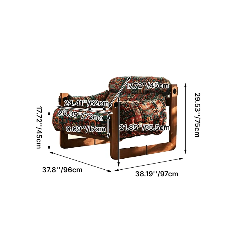 Vintage Ash Wood Jacquard Lounge Chair - Plush Down & Fiber-Filled Accent Armchair For Living Room