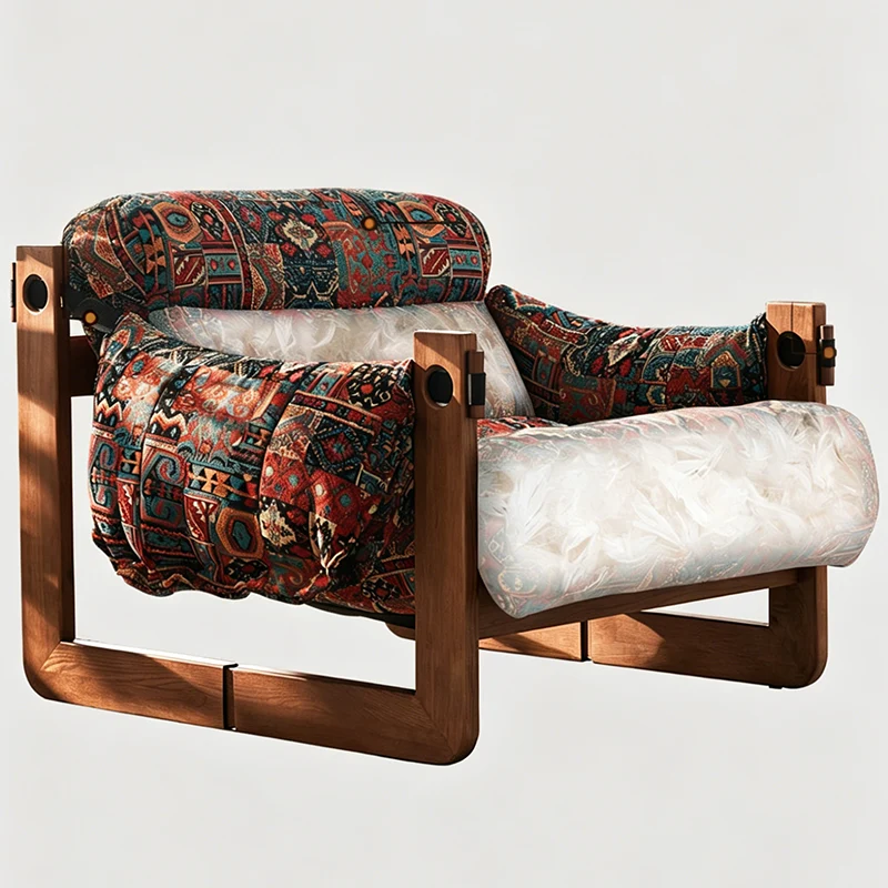 Vintage Ash Wood Jacquard Lounge Chair - Plush Down & Fiber-Filled Accent Armchair For Living Room