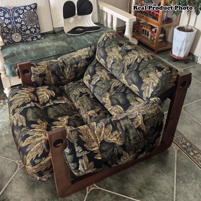 Vintage Ash Wood Jacquard Lounge Chair - Plush Down & Fiber-Filled Accent Armchair For Living Room
