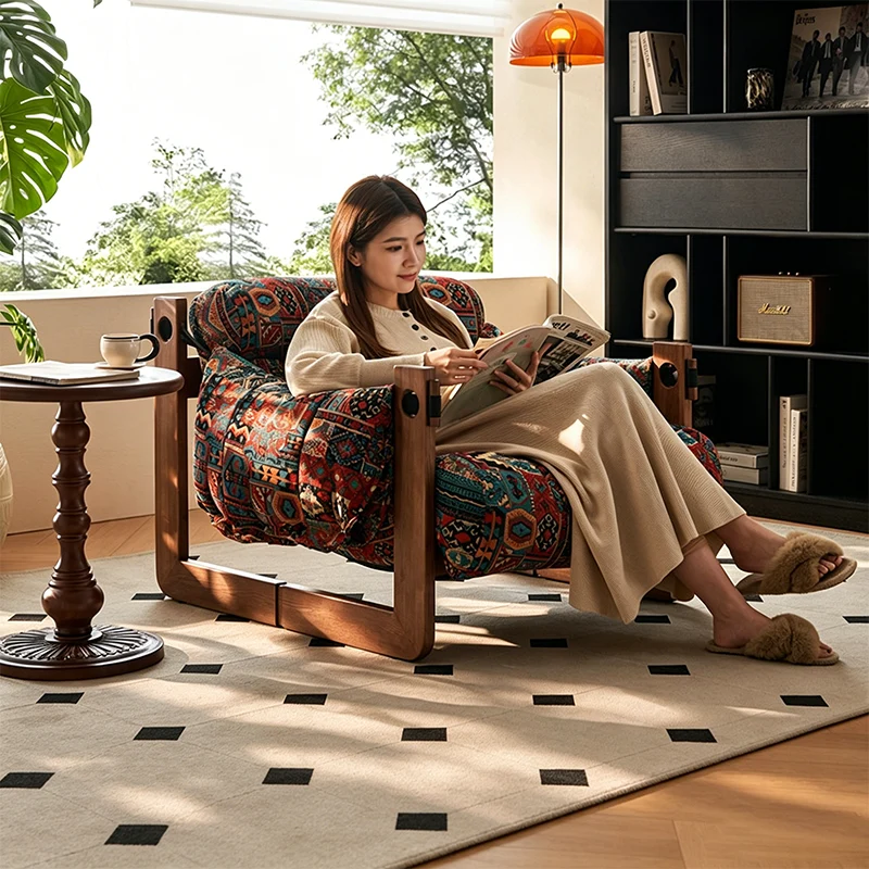 Vintage Ash Wood Jacquard Lounge Chair - Plush Down & Fiber-Filled Accent Armchair For Living Room