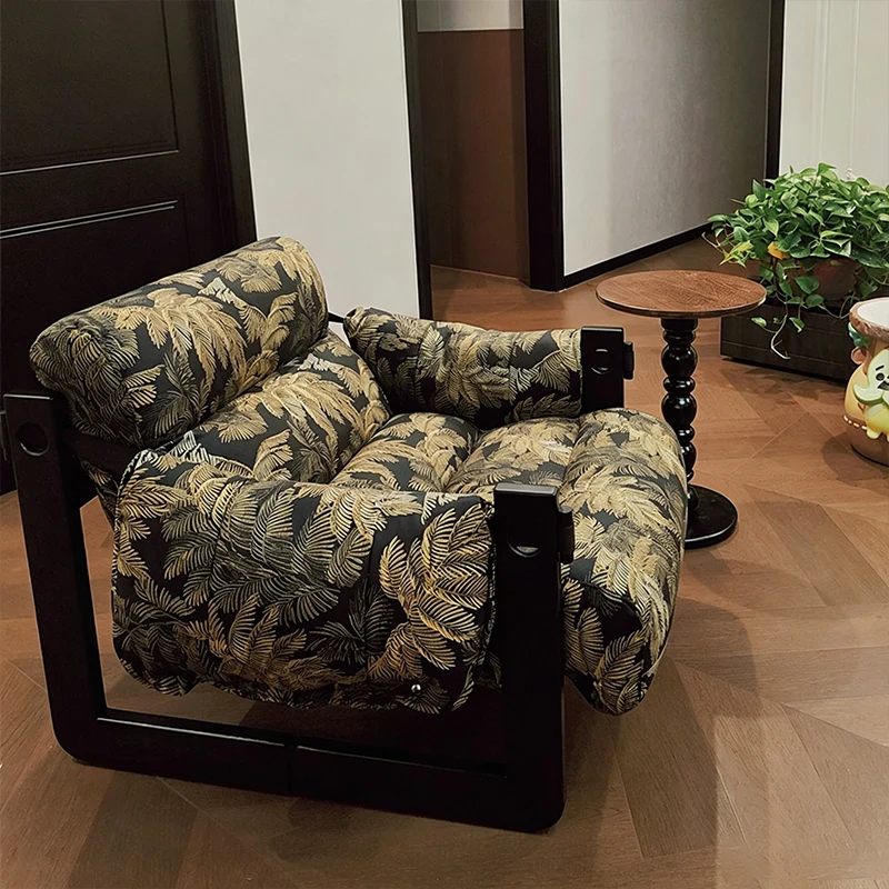 Vintage Ash Wood Jacquard Lounge Chair - Plush Down & Fiber-Filled Accent Armchair For Living Room